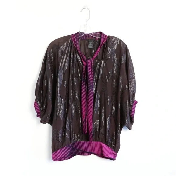 Custo Barcelona burgundy blouse unique designer top geometric print batwing tie
